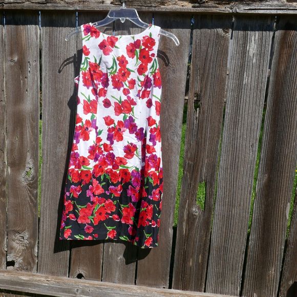 Chaps Floral Sleeveless Sheath Dress White Black Red Poppy Print Cotton Blend 4 - Picture 2 of 12